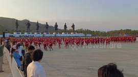 3660 Muay Thai fighters run out to the 7 King Statues plaza for the Guinness World Record attempt practice run