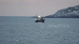 Lobster Boats Hauling Traps Off The Coast Of Boston Early In The Morning