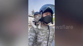 Cute pet cat wears tiny helmet while riding motorcycle with owner