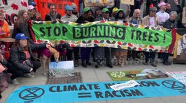 'Stop burning trees!' Climate activists gather outside Department for Business, Energy and Industrial Strategy