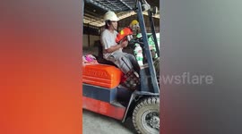 Cute pet dog wears tiny hard hat and suit to join owner do construction work