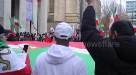 FREEDOM FOR IRAN PROTEST WITH GIANT FLAG, IN MANCHESTER - ENGLAND
