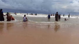 People Are Enjoying Sea Bath At Puri Sea Beach Odisha India .India's most popular attractions Puri Sea Beach