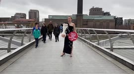 PETA protester wears outfit with cow’s head on the eve of London Fashion Week