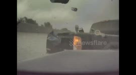 Hit and Run: Hydroplaning Pick-Up Truck Loses Control and Smashes into Tesla on Highway
