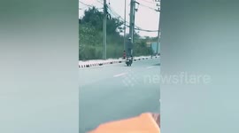Reckless motorcycle rider seen standing on seat during busy traffic