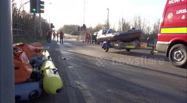 Flood rescue teams in action near Leeds, UK