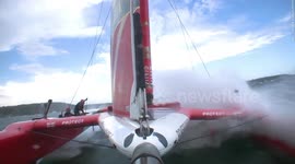 Dramatic moment sailboat crew member goes overboard during Grand Prix race