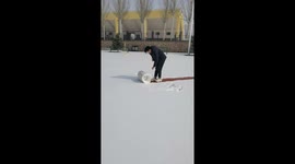 A Chinese man makes a big snow roller on a snow-covered ground