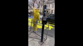 Led By Donkeys paint Ukrainian flag on road outside Russian embassy in London