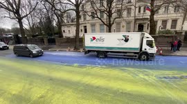 Mega Ukrainian flag painted outside Russian embassy in London