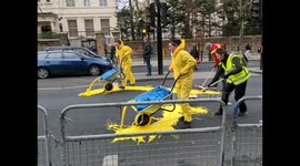 Ukraine supporters troll Russian Embassy in London by painting road yellow and blue