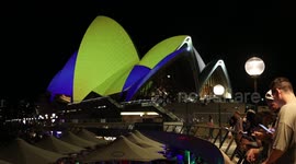 Sydney Opera House is lit up on first anniversary of the invasion of Ukraine, Sydney, Australia