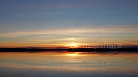 A beautiful calm sunset at lake Thunderbird in Oklahoma with ducks swimming by