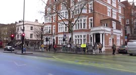 Huge Ukrainian flag painted outside the Embassy of Russia in London ahead of the first anniversary of invasion