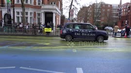 Ukrainian flag painted outside the Embassy of Russia in London ahead of the first anniversary of the conflict