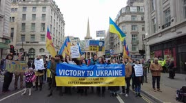 No to Nuclear War: Ukrainian counter the anti-war protestors march in front at Stop the War in Ukraine, London, UK