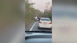 Furious wild elephant flips over pick-up truck because driver 'refused to wait for it to cross road'