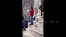 Girl gives a speech at the climate strike in New York, USA