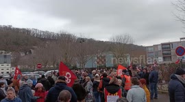 People gather to protest against pension reform in Pont-Audemer, France