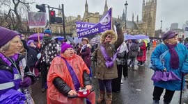 Hundreds of women protest outside the Houses of Parliament seeking pension justice