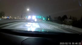 Close Call: Oncoming Snow Plow Nearly Hits Driver On Icy Road