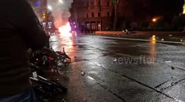 Protesters set the car on fire in Tbilisi, Georgia