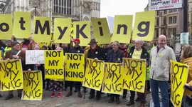 Not My King protest outside Westminster Abbey as King Charles arrives to mark Commonwealth Day