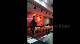 Employees at Chinese firm bow to show their parents gratitude during team-building event