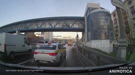 Close Call: Confused Taxi Driver Violating Traffic Laws On Busy Road