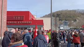 People ptotest against pension reform in the streets of Pont Audemer, France