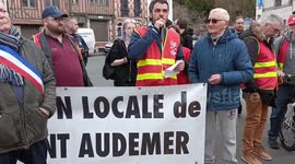 CGT member gives a speech at the protest in Pont Audemer, France