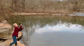 The Big Cast! Little man throws his jig way across the creek in pursuit of big Smallmouth Bass