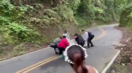 Bride and groom put in the hours to get 'perfect' pre-wedding photoshoot on mountain road