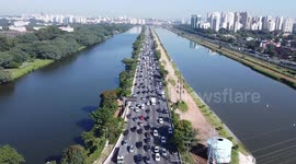 Intense car traffic on marginal Pinheiros in Sao Paulo, Brazil