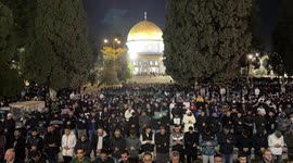 Palestinian muslims offer Taraweeh prayers on the first night of the holy fasting month of Ramadan at al-Aqsa mosque compound in Jerusalem