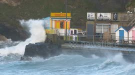 Wild waves, spring tide slam shores of Newquay, Cornwall, UK
