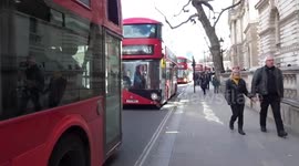 Buses line up on Parliament Street with anti-vax protest underway in central London