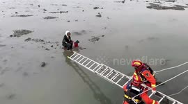 Heroic firefighters save elderly man stranded in mudflats in China