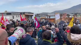 Tension between protesters and police in Savines-le-Lac, France