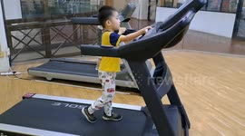 One-year-old and five-year-old exercise on treadmill