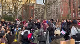 Speaker discusses mass shooting in Nashville at Trans Day of Visibility in New York, USA