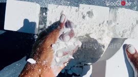 Stress relieving ASMR: Artist soothes souls by crushing plain white gym chalk