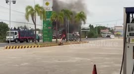 Truck bursts into flames after crashing in Phnom Penh, Cambodia