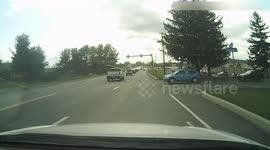 Close Call: Blue Car Nearly Gets Sideswiped Due to Not Looking For Oncoming Traffic