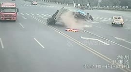 Cleaner somehow escapes injury after truck nearly ploughs into him
