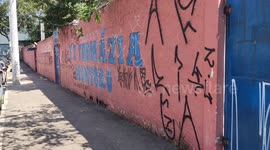Graffiti on the facade of the school E.E. Thomazia Montoro In Sao Paulo, Brazil
