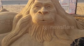Sand sculpture of Hindu Lord Hanuman in India