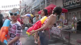 Songkran Buddhist festival water fight celebrations start in Bangkok, Thailand