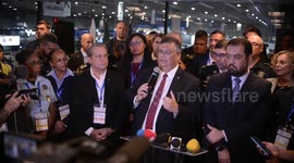 The Minister of Justice of Brazil, Flávio Dino, and the Governor of Rio de Janeiro Cláudio Castro, during the Launching Ceremony of the Public Call Notice for the Program to Strengthen Municipal Guards, during the 13th International Defense and Security F